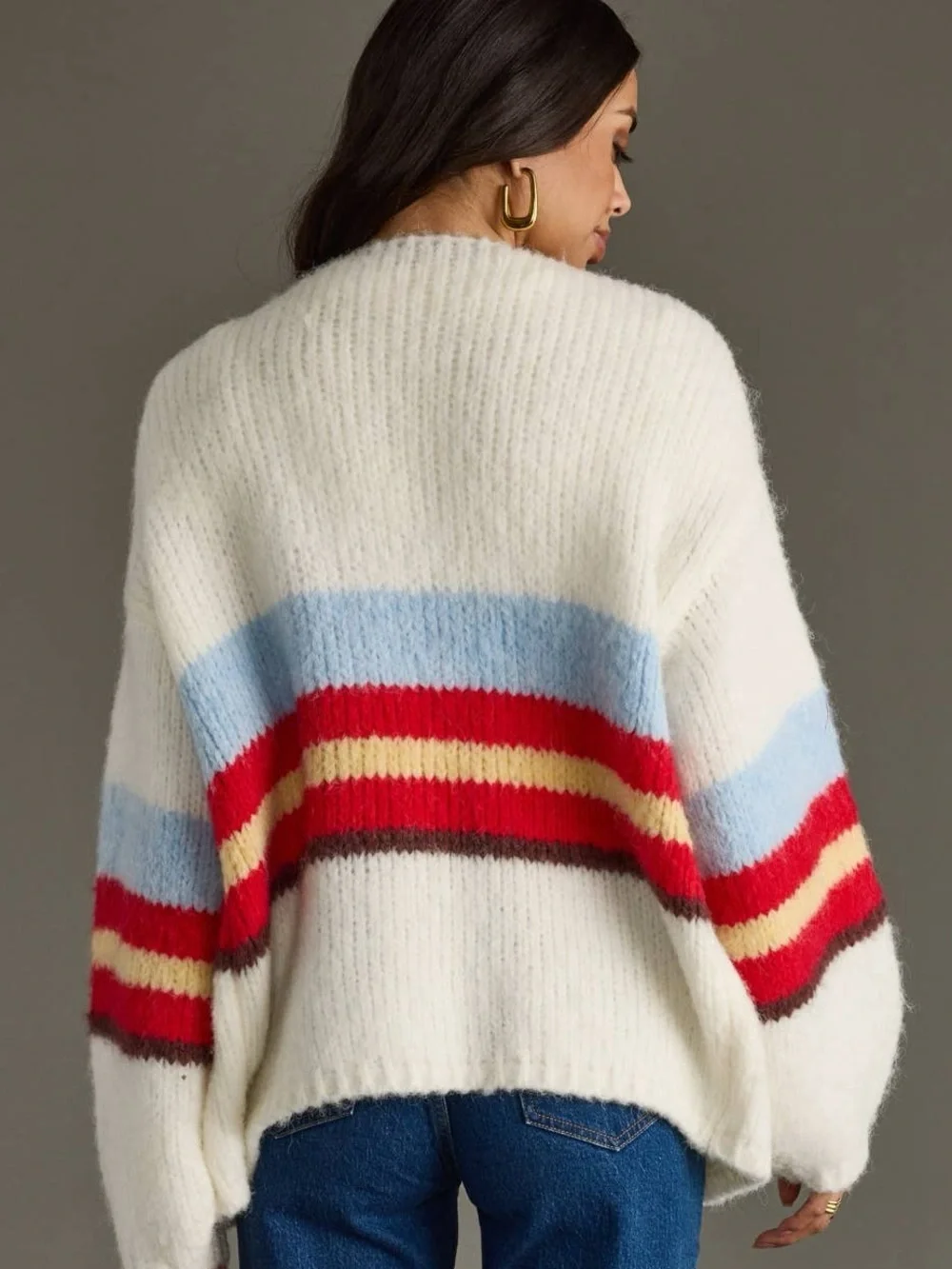 Cozy Striped Open Cardigan - Cream with Red & Blue Accents